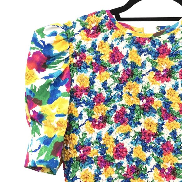 Vintage Plaza South Floral Puff Sleeve Smocked Drop Waist Midi Dress Size 8 - Picture 7 of 14